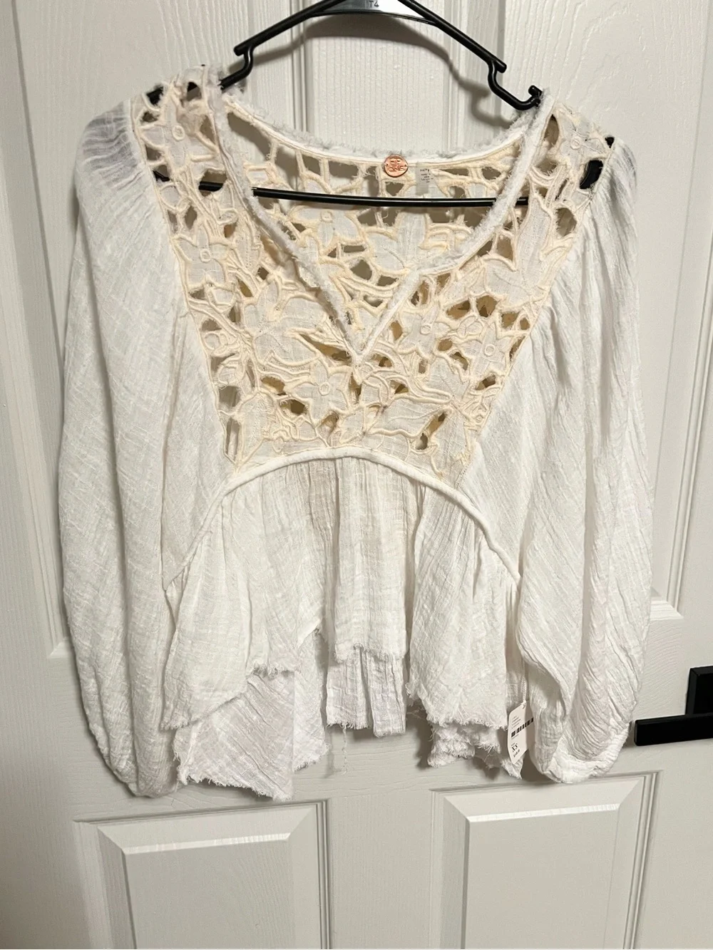 NWT Free People Crochet gauzy raw edges Peasant top size XS